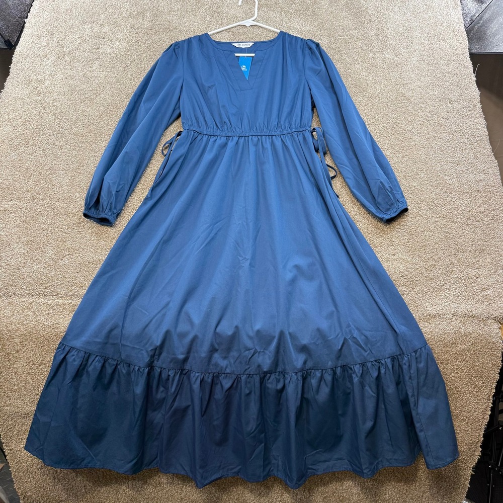 NEW Cupshe Womens S Long Sleeve V-Neck Tiered Midi Dress Blue Ruffle Tie Modest - Picture 2 of 14